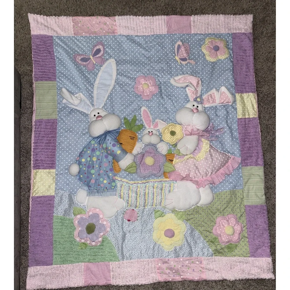 Vintage Baby Bunny Patchwork Quilt 3D Appliqué Pastel Nursery Quilt 58x50